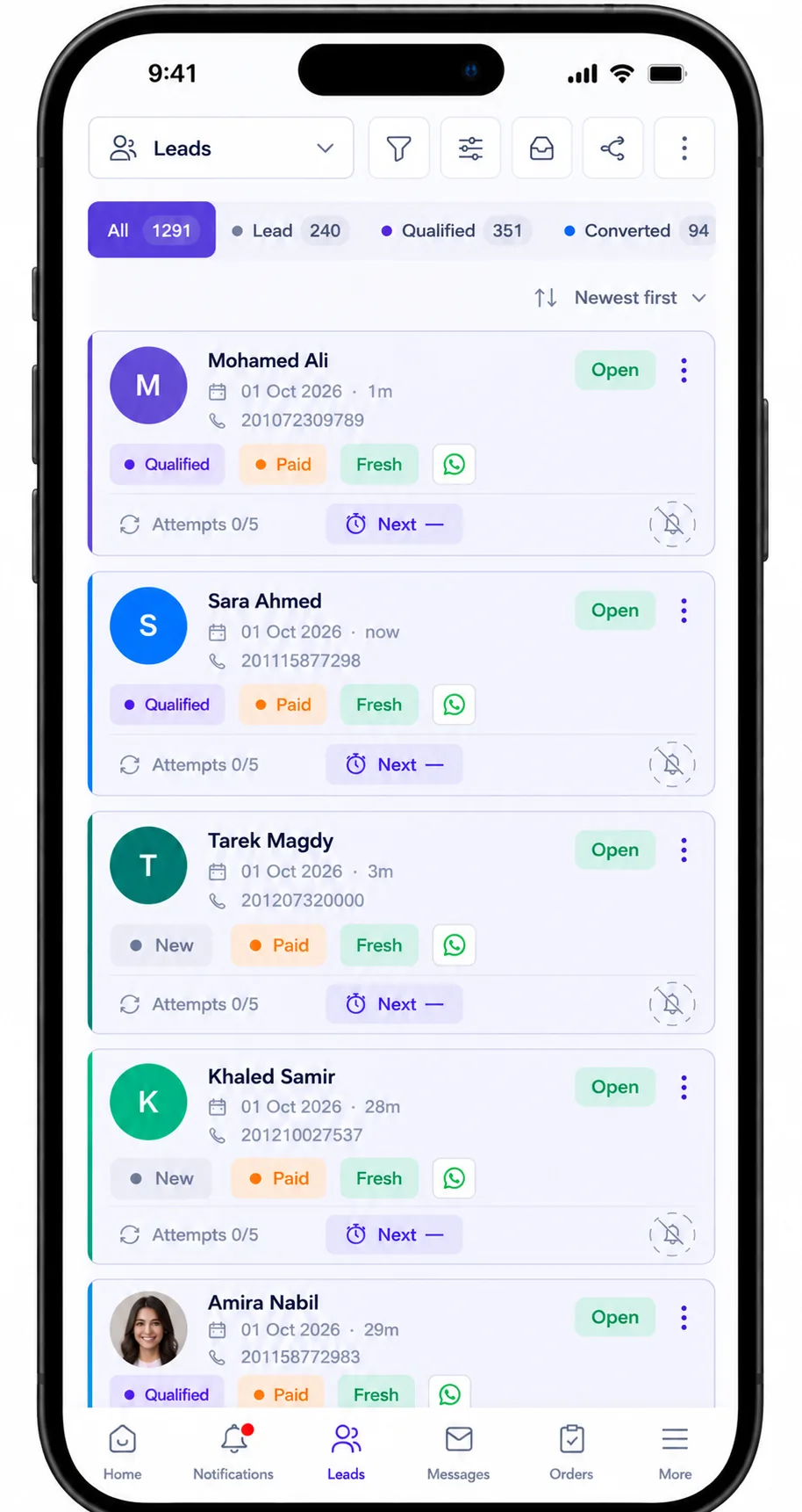 The Raqmee leads list on a phone: every lead with its stage, payment, freshness and next follow-up.